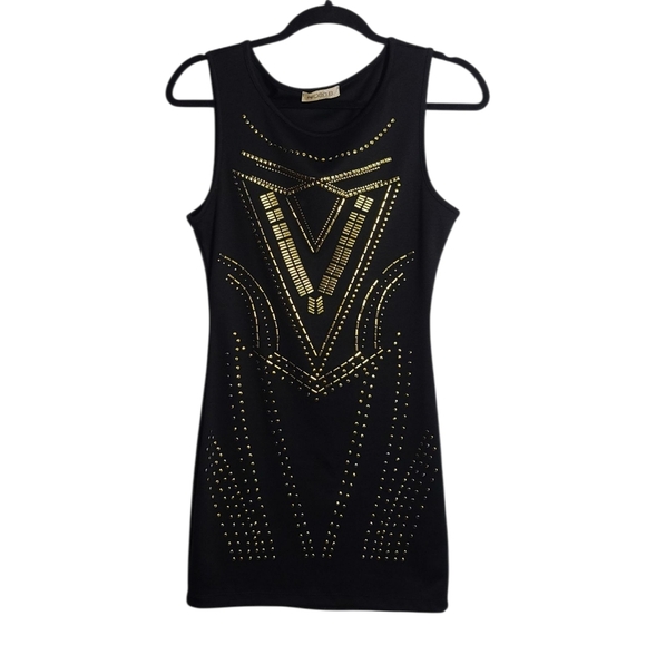 ARDEN B Vintage Gold Studded Black Mini Dress Size Small - Picture 1 of 16